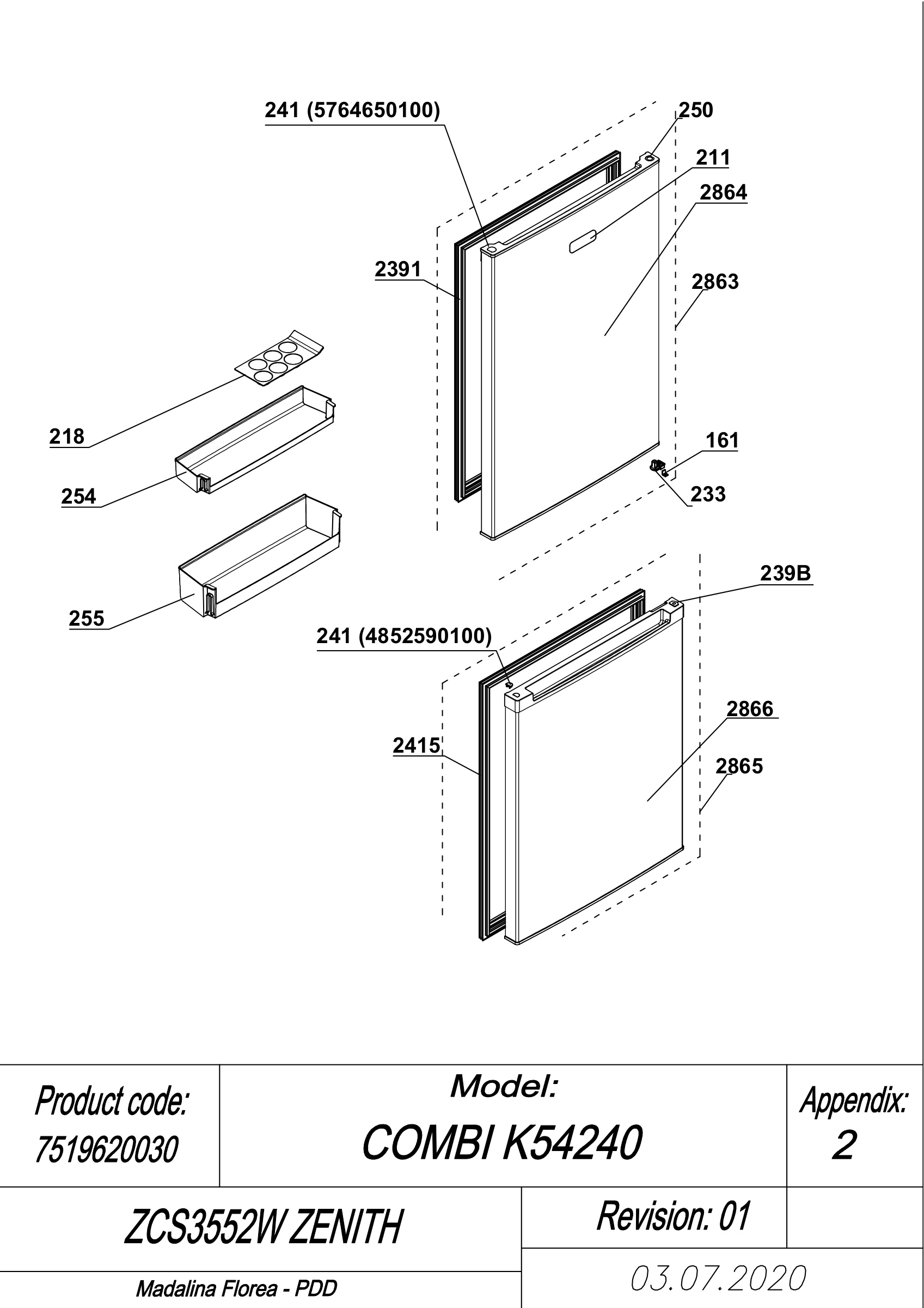 EXPLODED VIEW DOORS ZCS3552W ZENITH
