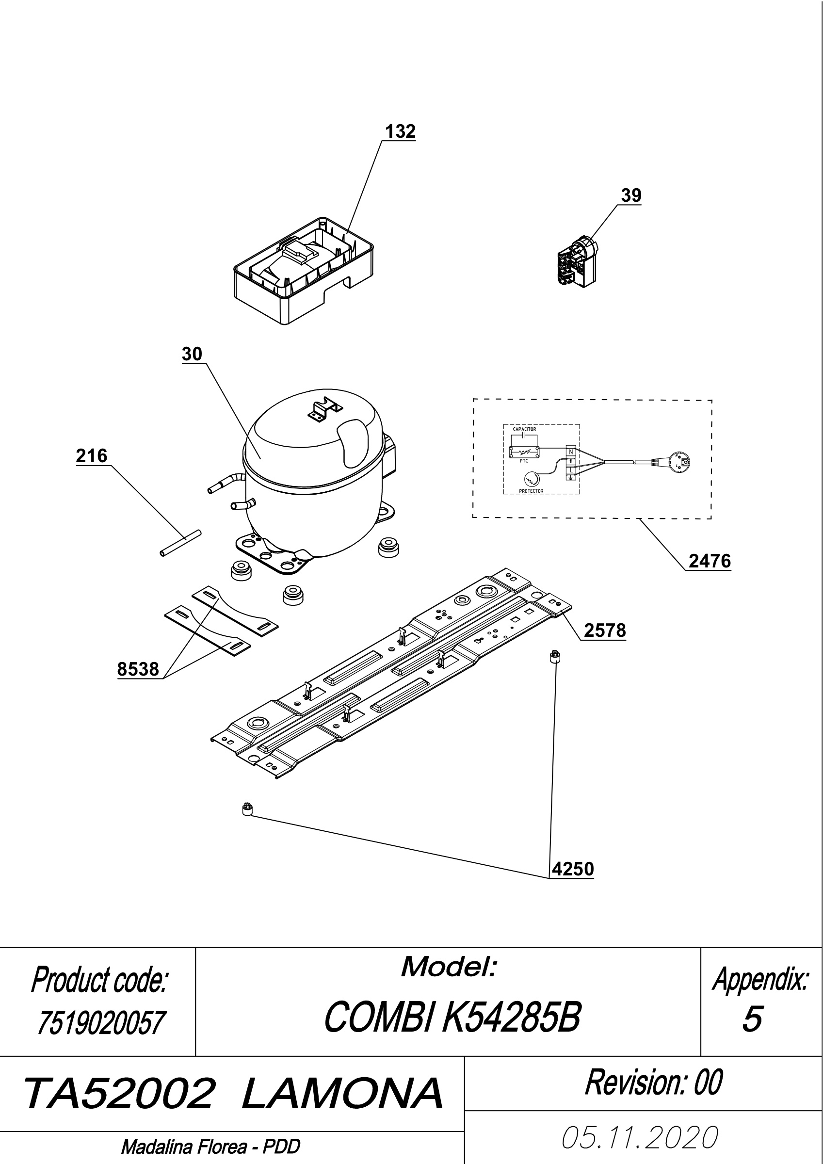 EXPLODED VIEW COMPRESSOR TA52002 LAMONA