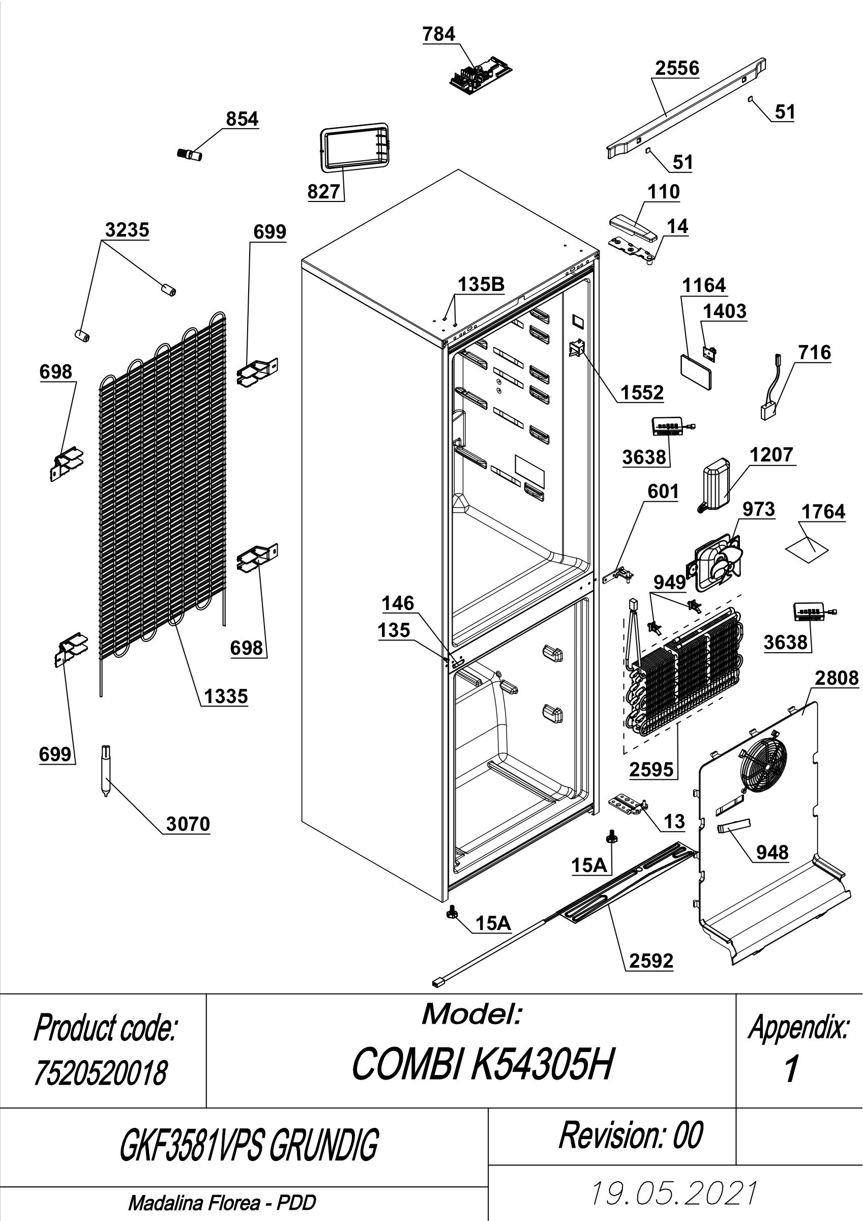EXPLODED VIEW CABINET GKF3581VPS GRUNDIG