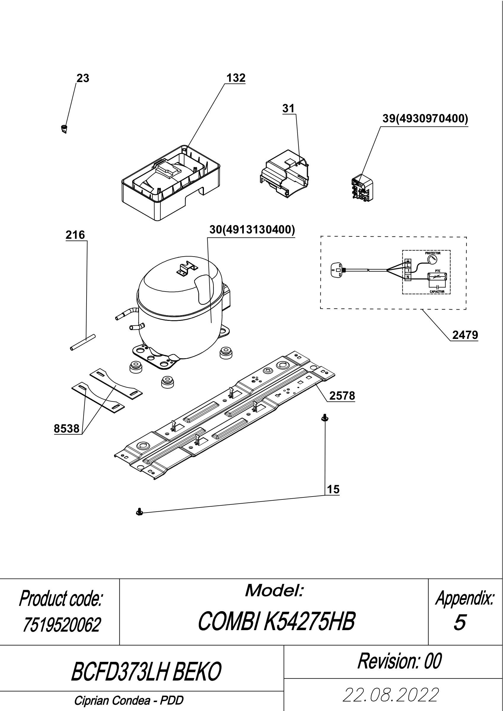EXPLODED VIEW COMPRESSOR TYPE 1 BCFD373LH BEKO